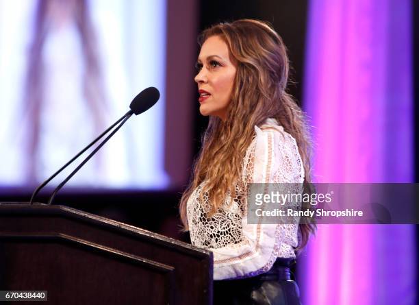 Actress Alyssa Milano speaks at the 2017 World Of Children Hero Awards at Montage Beverly Hills on April 19, 2017 in Beverly Hills, California.