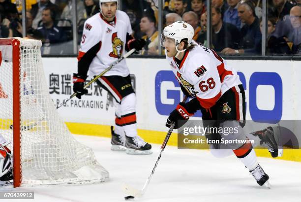 Ottawa Senators left wing Mike Hoffman carries the puck up ice during Game 4 of a first round NHL playoff series between the Boston Bruins and the...