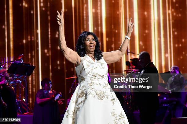 Aretha Franklin performs onstage during the "Clive Davis: The Soundtrack of Our Lives" Premiere Concert during the 2017 Tribeca Film Festival at...