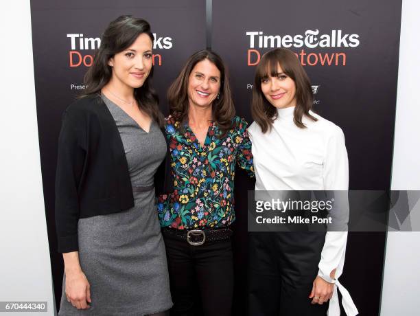 Ronna Gradus, Jill Bauer, and Rashida Jones attend TimesTalks presents Rashida Jones in conversation with Jenna Wortham at Cadillac House on April...