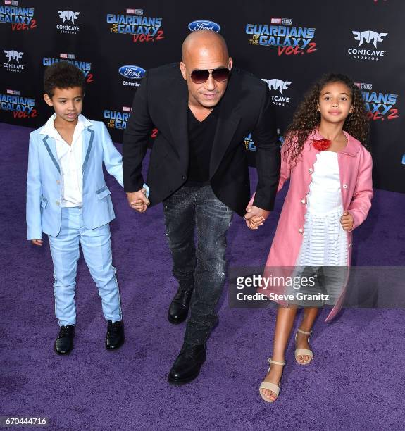 Vin Diesel,Hania Riley Sinclair, Vincent Sinclair arrives at the Premiere Of Disney And Marvel's "Guardians Of The Galaxy Vol. 2" at Dolby Theatre on...