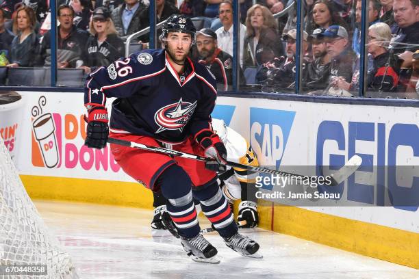 Kyle Quincey of the Columbus Blue Jackets skates against the Pittsburgh Penguins in Game Four of the Eastern Conference First Round during the 2017...