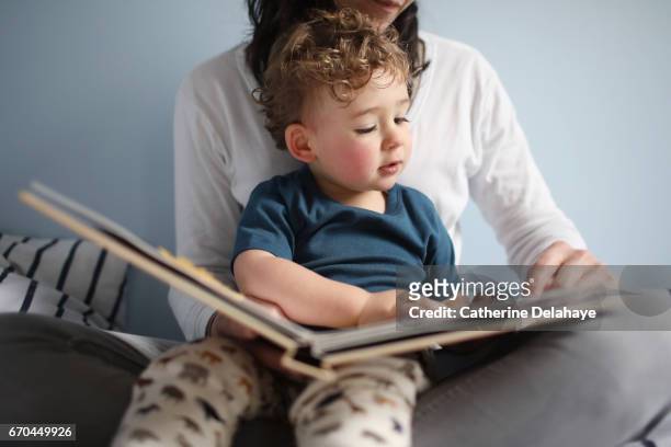 a 2 years old boy reading a book with his mom - 2 3 anni foto e immagini stock