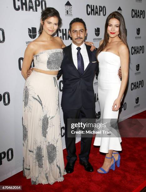 Abril Schreiber, Humberto Busto and Juliette Pardau arrive at the Los Angeles premiere of Univison's "El Chapo" hel at Landmark Theatre on April 19,...