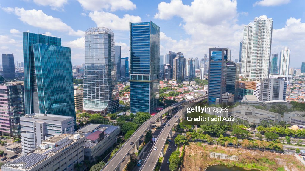 Modern Jakarta and its new highway, aerial view