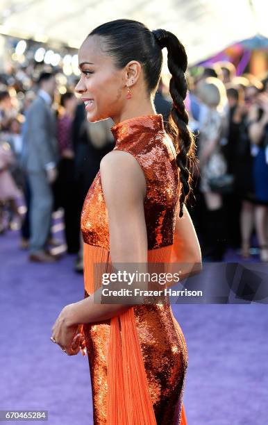 Actress Zoe Saldana arrives at the premiere of Disney and Marvel's "Guardians Of The Galaxy Vol. 2" at Dolby Theatre on April 19, 2017 in Hollywood,...