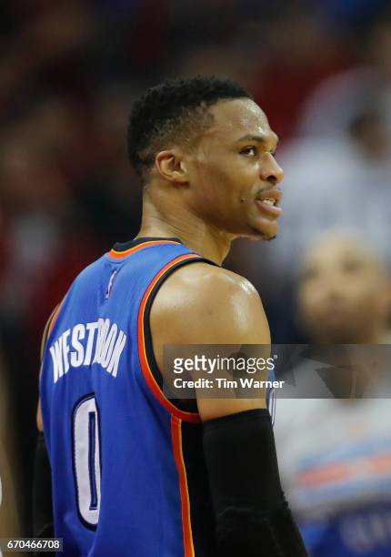 Russell Westbrook of the Oklahoma City Thunder reacts to a foul call in the first half of Game Two of the Western Conference quarterfinals game...
