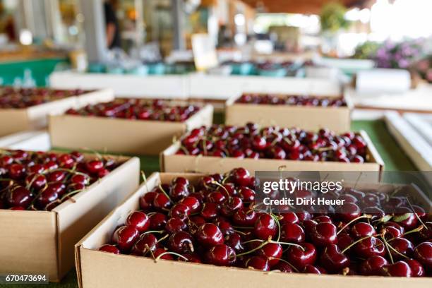 bäuerlicher obstverkaufsstand mit kisten roter kirschen - holzkiste imagens e fotografias de stock