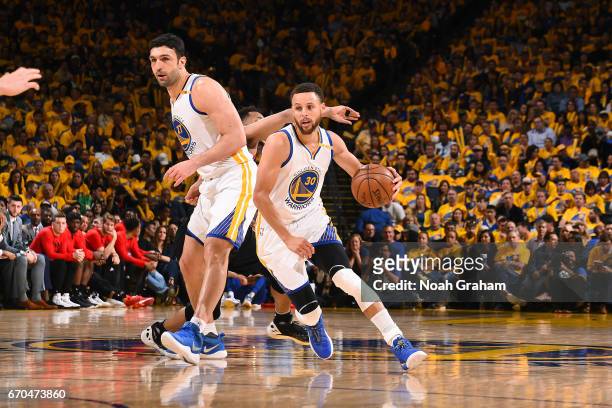 Stephen Curry of the Golden State Warriors handles the ball during the game against the Portland Trail Blazers during Game Two of the Western...