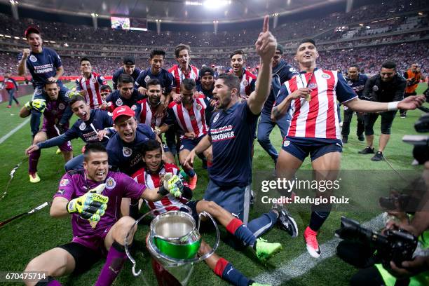 Players of Chivas celebrate with the trophy after winning the final match between Chivas and Morelia as part of the Copa MX Clausura 2017 at Chivas...