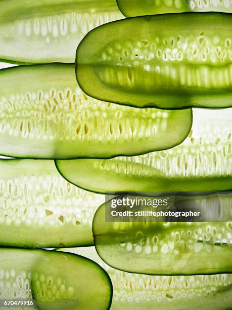 cucumber slices in line - cucumber stockfoto's en -beelden