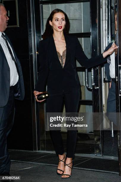 Actress Troian Bellisario leaves a Midtown Manhattan hotel on April 19, 2017 in New York City.