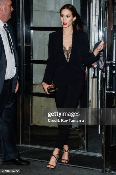 Actress Troian Bellisario leaves a Midtown Manhattan hotel on April 19, 2017 in New York City.