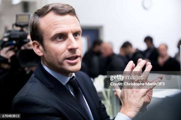 Founder and Leader of the political movement 'En Marche !' and candidate for the 2017 French Presidential Election Emmanuel Macron visits the Krys...