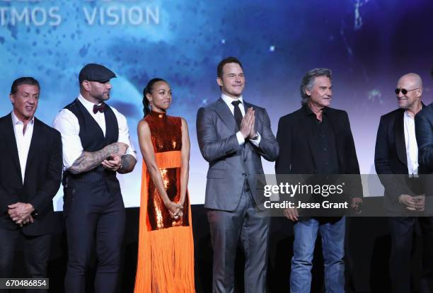 Actors Sylvester Stallone, Dave Bautista, Zoe Saldana, Chris Pratt, Kurt Russell and Michael Rooker at The World Premiere of Marvel Studios...