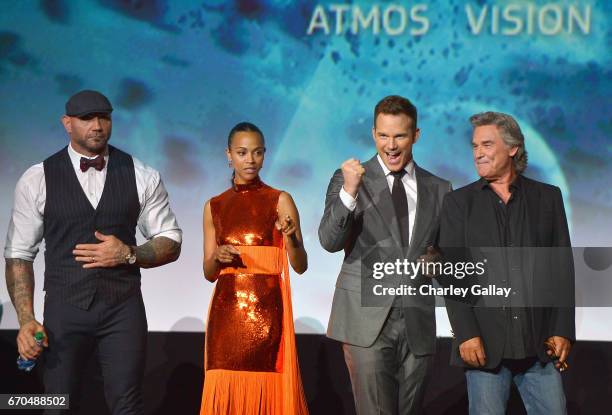 Actors Dave Bautista, Zoe Saldana, Chris Pratt and Kurt Russell at The World Premiere of Marvel Studios Guardians of the Galaxy Vol. 2. at Dolby...