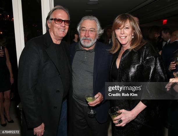 Peter Fonda, Robert De Niro and Jane Rosenthal attend the 2017 Tribeca Film Festival Opening Night Party at Tavern On The Green on April 19, 2017 in...