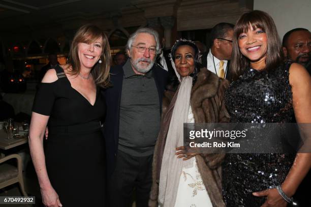 Jane Rosenthal, Robert De Niro, Aretha Franklin and Grace Hightower attend the 2017 Tribeca Film Festival Opening Night Party at Tavern On The Green...