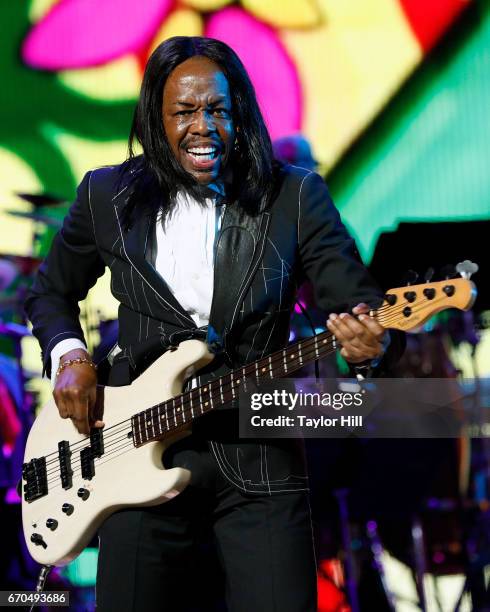 Verdine White of Earth Wind & Fire performs during the 2017 Tribeca Film Festival Opening Gala premiere of "Clive Davis: The Soundtrack of our Lives"...