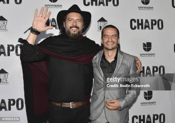 Rodrigo Abed and Juan Carlos Olivas attend the premiere of Univison's "El Chapo" at Landmark Theatre on April 19, 2017 in Los Angeles, California.
