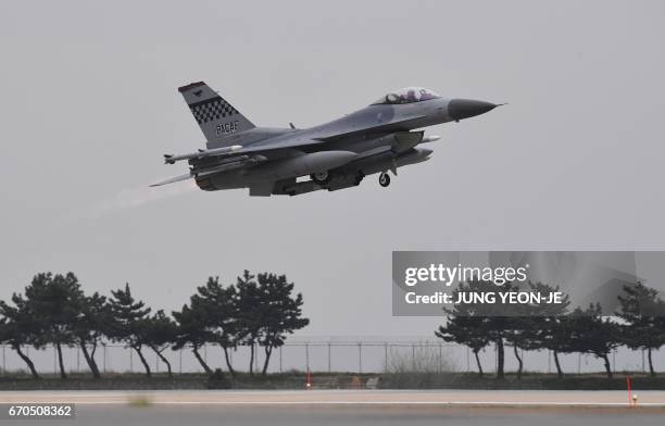 Air force F-16 jet fighter takes off during the "Max Thunder" South Korea-US military joint air exercise at a US air base in the southwestern port...