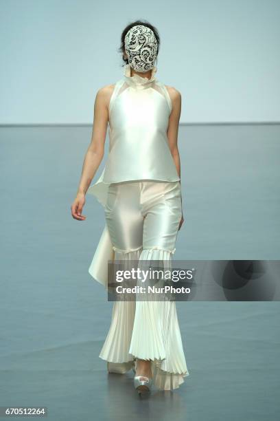 Model walks the runway at the De la Cierva y Nicolas show during the Madrid Bridal Week 2017 at Palacio de Cibeles on April 19, 2017 in Madrid, Spain.