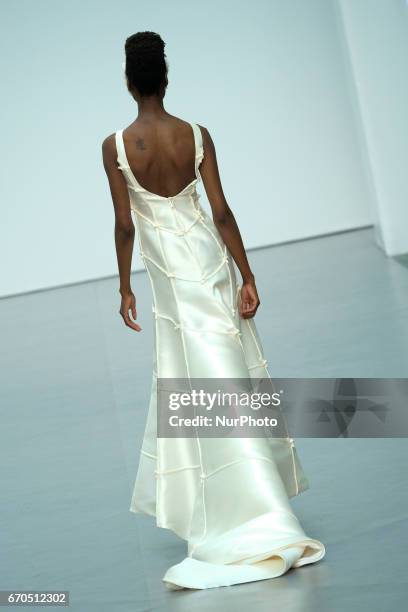 Model walks the runway at the De la Cierva y Nicolas show during the Madrid Bridal Week 2017 at Palacio de Cibeles on April 19, 2017 in Madrid, Spain.