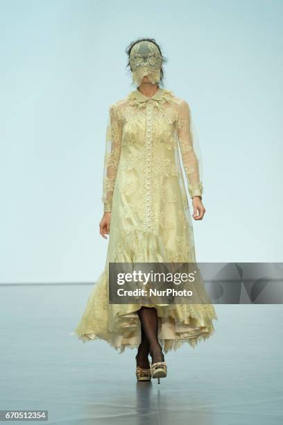 Model walks the runway at the De la Cierva y Nicolas show during the Madrid Bridal Week 2017 at Palacio de Cibeles on April 19, 2017 in Madrid, Spain.