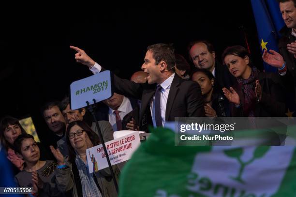 Benoit Hamon attends French Socialist Party Presidential candidate Benoit Hamon political meeting Place de la Republique on April 19, 2017 in Paris,...