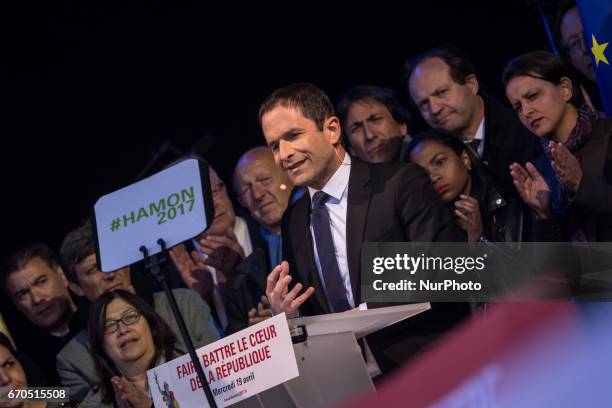 Benoit Hamon attends French Socialist Party Presidential candidate Benoit Hamon political meeting Place de la Republique on April 19, 2017 in Paris,...