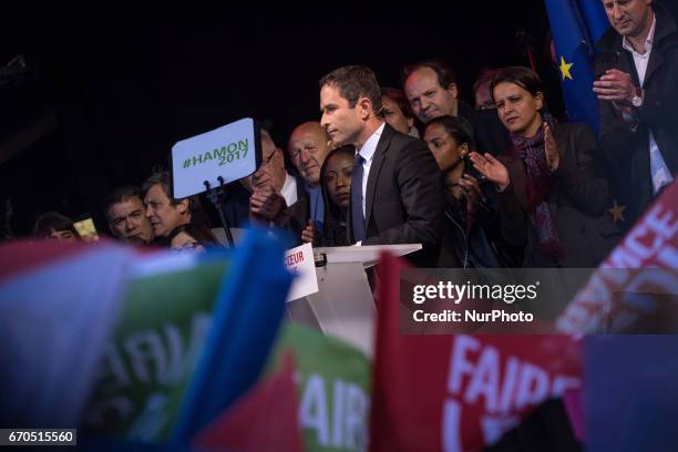 Benoit Hamon attends French Socialist Party Presidential candidate Benoit Hamon political meeting Place de la Republique on April 19, 2017 in Paris,...