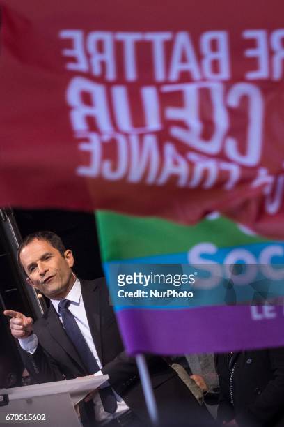 Benoit Hamon attends French Socialist Party Presidential candidate Benoit Hamon political meeting Place de la Republique on April 19, 2017 in Paris,...