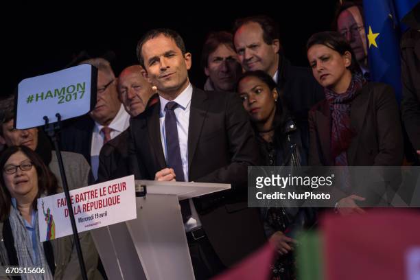 Benoit Hamon attends French Socialist Party Presidential candidate Benoit Hamon political meeting Place de la Republique on April 19, 2017 in Paris,...