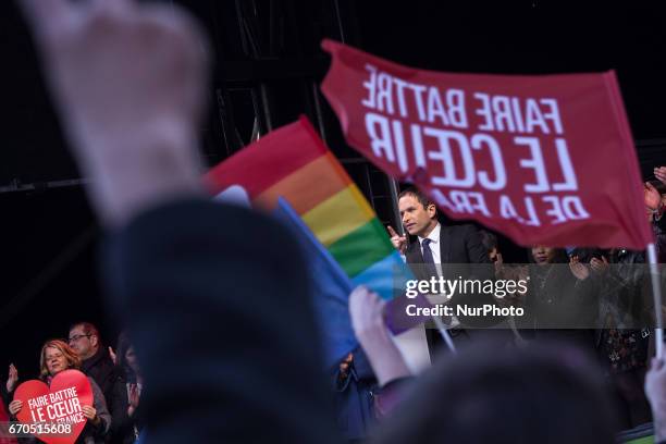 Benoit Hamon attends French Socialist Party Presidential candidate Benoit Hamon political meeting Place de la Republique on April 19, 2017 in Paris,...