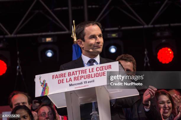 Benoit Hamon attends French Socialist Party Presidential candidate Benoit Hamon political meeting Place de la Republique on April 19, 2017 in Paris,...