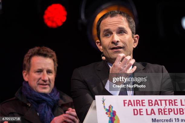 Benoit Hamon attends French Socialist Party Presidential candidate Benoit Hamon political meeting Place de la Republique on April 19, 2017 in Paris,...