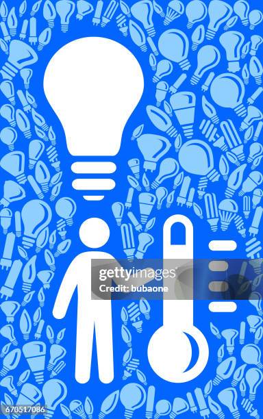 man and thermometer light bulb blue vector background pattern - thermometer goal stock illustrations