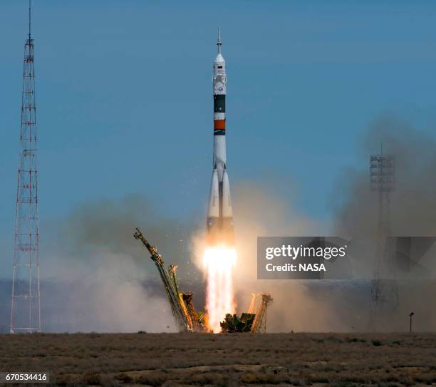 In this handout provided by NASA, the Soyuz MS-04 rocket carrying Expedition 51 Soyuz Commander Fyodor Yurchikhin of Roscosmos and Flight Engineer...