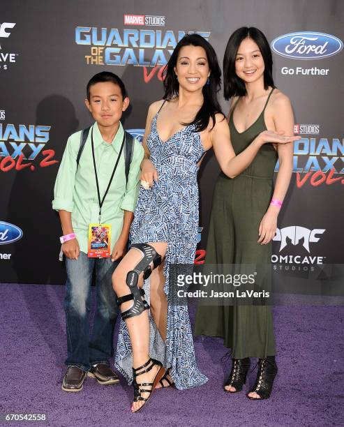 Actress Ming-Na Wen and son Cooper Dominic Zee and daughter Michaela Zee attend the premiere of "Guardians of the Galaxy Vol. 2" at Dolby Theatre on...