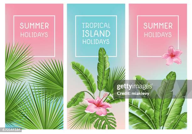 stockillustraties, clipart, cartoons en iconen met tropische zomer banners - bananenblad