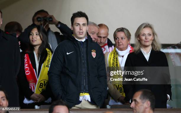 Louis Ducruet , his girlfriend Marie and President of LFP Nathalie Boy de la Tour attend the UEFA Champions League quarter final second leg match...