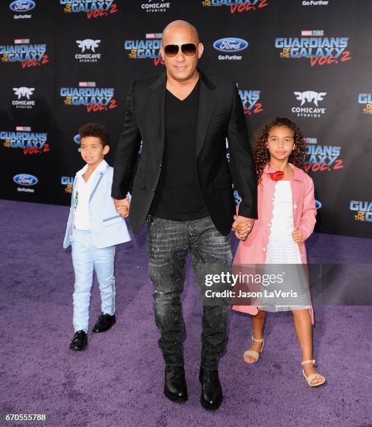 Actor Vin Diesel son Vincent Sinclair and daughter Hania Riley Sinclair attend the premiere of "Guardians of the Galaxy Vol. 2" at Dolby Theatre on...