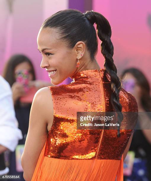 Actress Zoe Saldana attends the premiere of "Guardians of the Galaxy Vol. 2" at Dolby Theatre on April 19, 2017 in Hollywood, California.