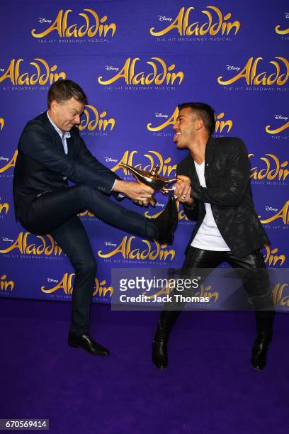 Anthony Callea and Tim Campbell arrive ahead of Aladdin opening night at Her Majesty's Theatre on April 20, 2017 in Melbourne, Australia.