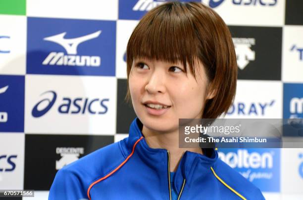 Saori Kimura of Toray Arrows attends a press conference after the V-Premier League Women's Final 6 between NEC Red Rockets and Toray Arrows at...