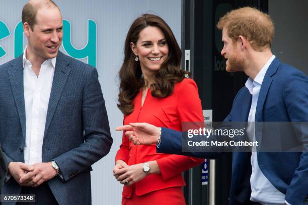 Prince William, Duke of Cambridge and Catherine, Duchess of Cambridge with Prince Harry attend the official opening of The Global Academy in support...