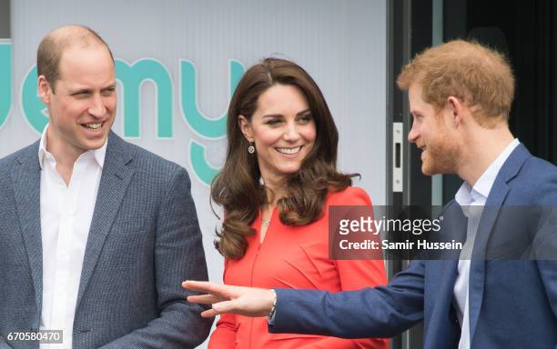 Catherine, Duchess of Cambridge, Prince William, Duke of Cambridge and Prince Harry attend the official opening of The Global Academy in support of...
