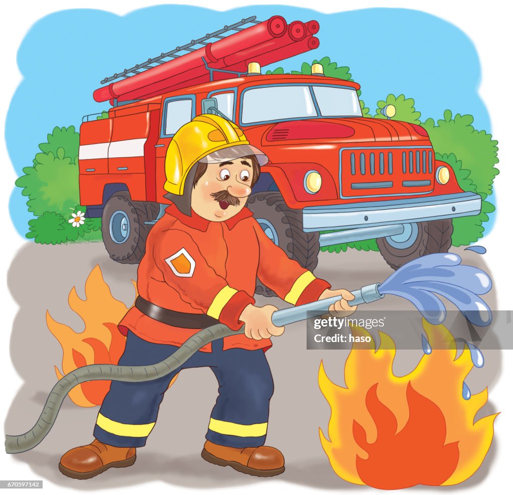 Un Bombero Profesiones Ilustración Para Niños Página Para Colorear Personajes Divertidos De Dibujos Animados Ilustración de stock - Getty Images Un Bombero Profesiones Ilustración Para Niños Página Para Colorear Personajes Divertidos De Dibujos Animados Ilustración de stock - Getty Images