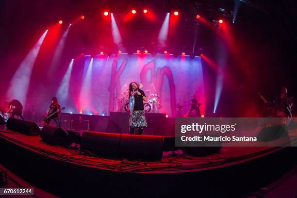 Brian Welch, Tye Trujillo, Jonathan Davis, Davey Oberlin, James Shaffer members of the band Korn performs live on stage at Espaco das Americas on...