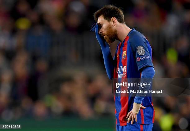 Lionel Messi of Barcelona shows his disappointment during the UEFA Champions League Quarter Final second leg match between FC Barcelona and Juventus...